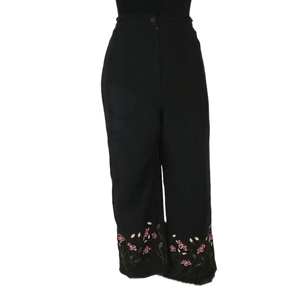 Larry Levine Sport Black Linen Blend Pink Embroidery Capri Pants Slacks Size 14 - Picture 3 of 10